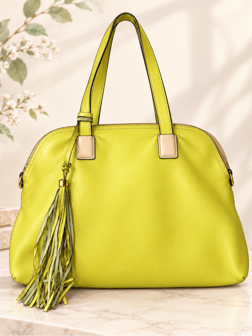 A. Bellucci Made in Italy Lime Chartreuse Leather Tote Bag Tassel Satchel
